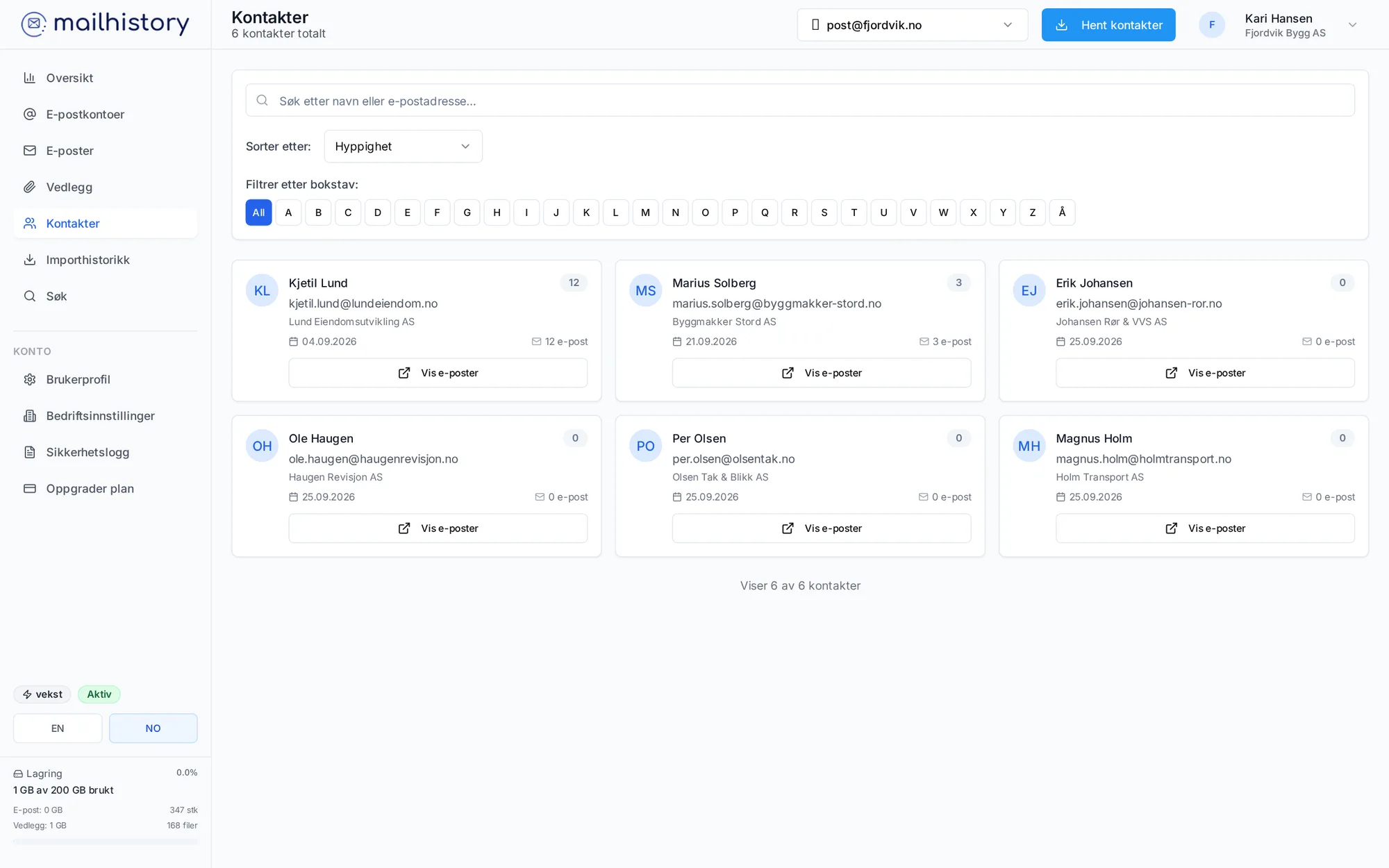 Kontakter hentet fra e-postene – MailHistory